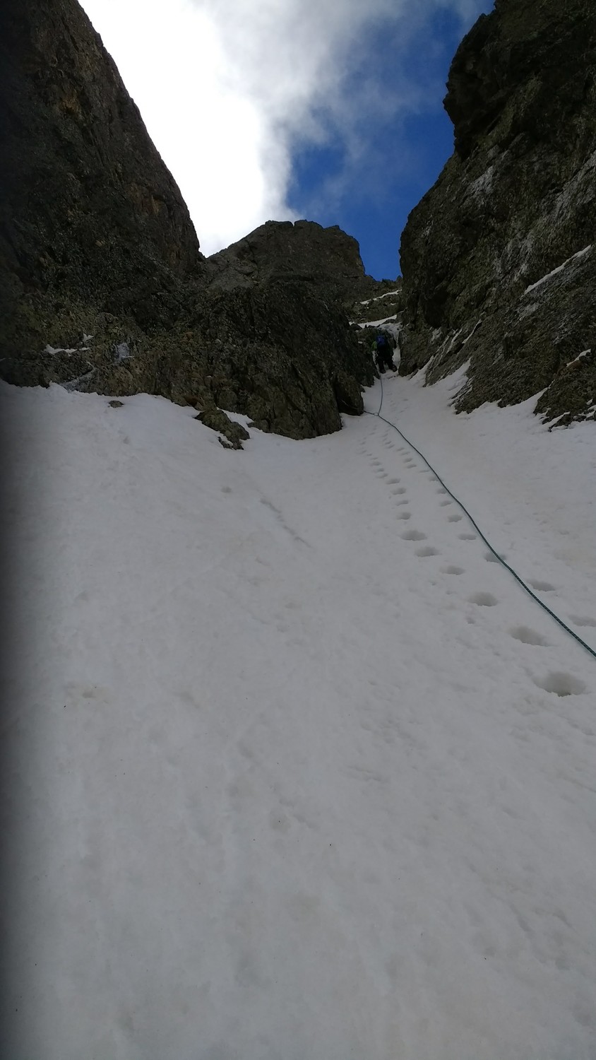 Dans la variante, au crux. On aercoit dans l'axe le collet par lequel on descendra dans le couloir de derrière pour sortir!;
