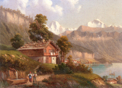 Mönch et Jungfrau vus du lac de Brienz par Gottfried Stury, XIXe