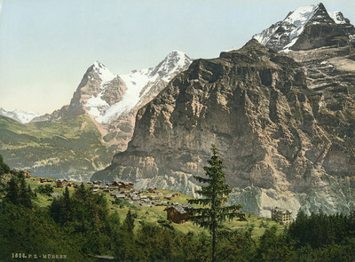 Eiger, Mönch, Jungfrau, vus de Mürren en 1900, par Photoglob N°0000001624