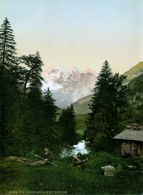 Engelhörner, Rosenhorn, Wetterhorn, vus du Jochpass, en  1900, par Photoglob N°0000008338