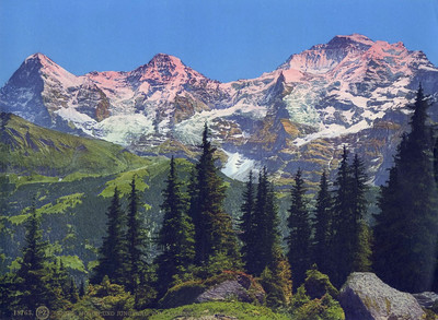 Eiger, Mönch, Jungfrau vus de la zone de Grütschalp, en 1900, par Photoglob N°0000018763