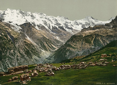 Ebneflüh, Mittaghorn, Grosshorn, Breithorn vus de Mürren, en 1900, par Photoglob N°0000008229