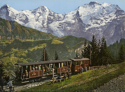 Train de Mürren, Eiger, Mönch, Jungfrau en 1900, par Photoglob N°0000001767B Train de Mürren, Eiger, Mönch, Jungfrau en 1900, par Photoglob N°0000001767B
