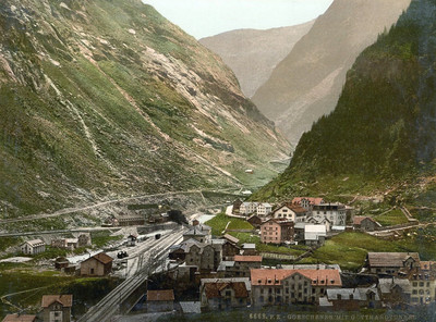 Goschenen et l'entrée du 1er tunnel du Gothard en 1900 par Photoglob N°0000006668 Goschenen et l'entrée du 1er tunnel du Gothard en 1900 par Photoglob N°0000006668