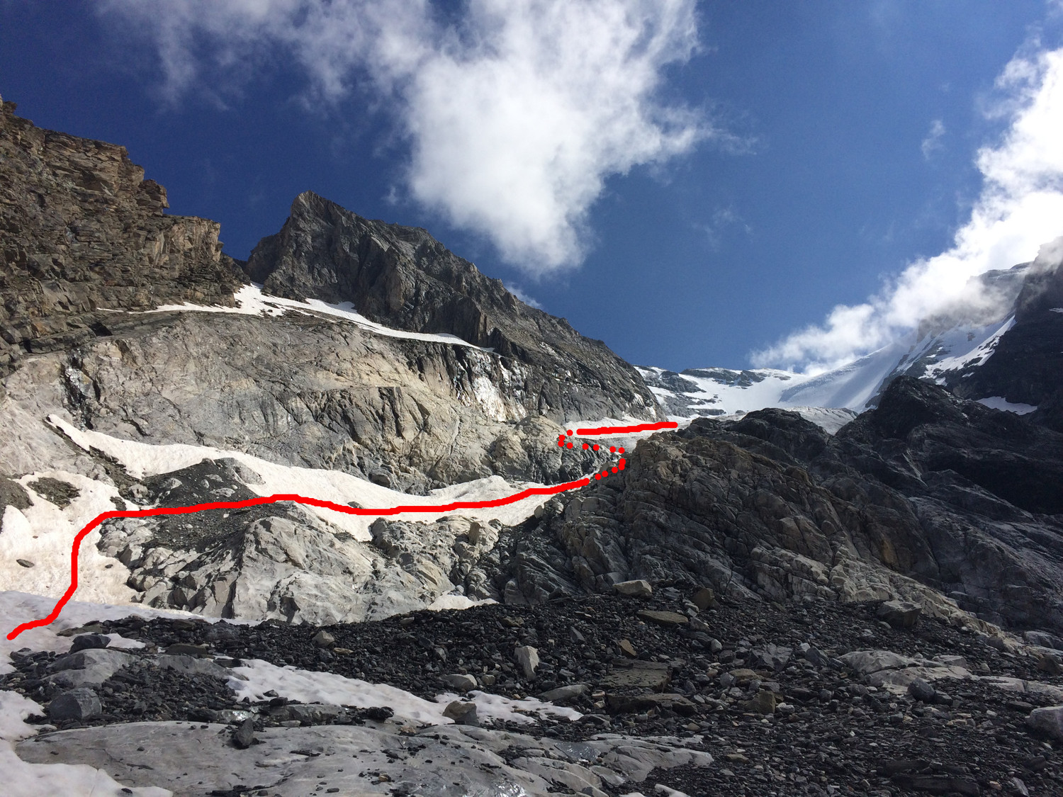 Cheminement sur les névés pour accéder au glacier
