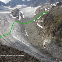 Traversée du Glacier de Saleinaz et itinéraire pour monter à moraine de la rive gauche, vers le P.2759. Vue depuis la Cabane de Saleinaz.