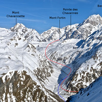 Mont Fortin depuis Pont Serrand. En bleu variante retour par Crétaz