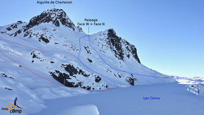 Aiguille de Charlanon itinéraire face N en pointillés rouges option retour col Cornu sans passage sur le lac Aiguille de Charlanon itinéraire face N en pointillés rouges option retour col Cornu sans passage sur le lac