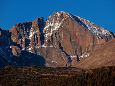 East face of Longs Peak, including The Diamond, showing multiple climbing routes. East face of Longs Peak, including The Diamond, showing multiple climbing routes.
