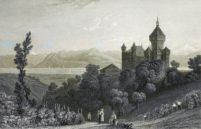Léman et Mont Blanc vus de Vuflens par William Henry Bartlett en 1836 Léman et Mont Blanc vus de Vuflens par William Henry Bartlett en 1836