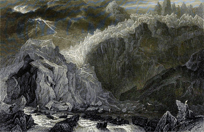 Mer de Glace et Arveyron sous l'orage par William Henry Bartlett en 1836 Mer de Glace et Arveyron sous l'orage par William Henry Bartlett en 1836