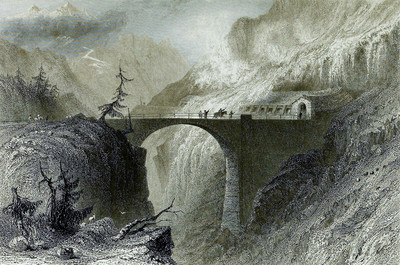 Avalanche sur le pare-avalanche, ancien pont effondré en 1864, route du San Bernardino par William Henry Bartlett en 1836 Avalanche sur le pare-avalanche, ancien pont effondré en 1864, route du San Bernardino par William Henry Bartlett en 1836