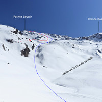 Pointe Leynir : Descente par le vallon de la Grande Vaudala en rouge l'arrivée depuis le vallon de la Vaudaletta