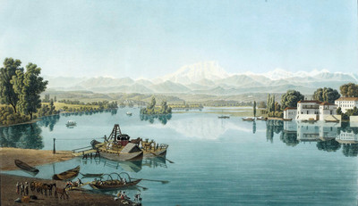 Le Tessin sort du Lac Majeur, au fond le Mont Rose, cîme encore vierge, par G. Lory fils en 1811 Le Tessin sort du Lac Majeur, au fond le Mont Rose, cîme encore vierge, par G. Lory fils en 1811