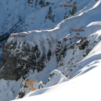 C'est la petite flèche orange entre le Dôme et la Cascade, crédit blog Topo Freeride Sancy, CC BY-NC-SA 3.0