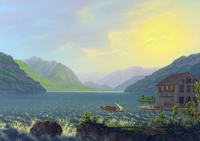 Brunnen et lac des 4 cantons par Johann Heinrich Bleuler fils en 1837