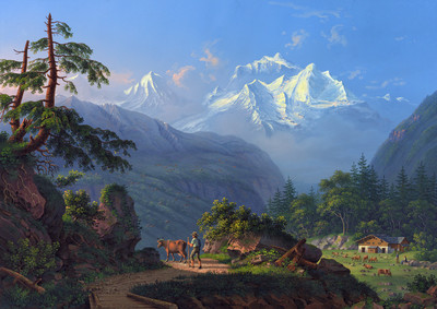 Jungfrau, Mönch, et Wengen vus d'Isenfluh, par Johann Heinrich Bleuler fils vers 1830