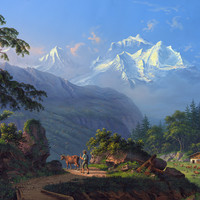 Jungfrau, Mönch, et Wengen vus d'Isenfluh, par Johann Heinrich Bleuler fils vers 1830