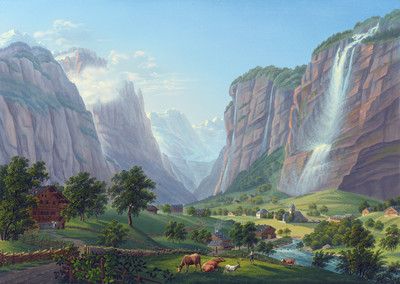 Cascades de Lauterbrunnen et Grosshorn au fond , par Johann Heinrich Bleuler fils vers 1830