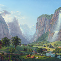 Cascades de Lauterbrunnen et Grosshorn au fond , par Johann Heinrich Bleuler fils vers 1830