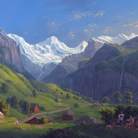 Wengen, au fond le Breithorn de Lauterbrunnen, par Johann Heinrich Bleuler fils vers 1830