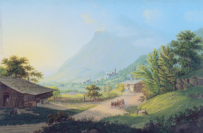 Wimmis vue du N, par Johann Heinrich Bleuler fils vers 1830