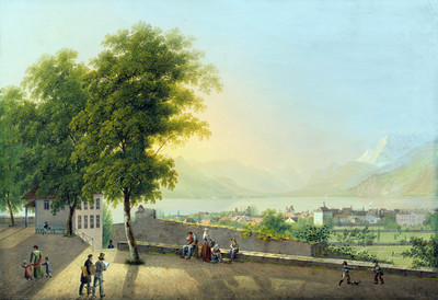 Vevey, le Léman et les dents du Midi, par Johann Heinrich Bleuler fils vers 1830