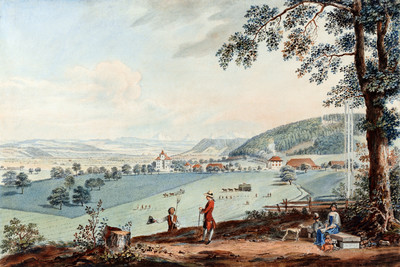 Kehrsatz, la vallée de l'Aar, au fond quelques grands sommets des Alpes Bernoises par Johann Ludwig Aberli Kehrsatz, la vallée de l'Aar, au fond quelques grands sommets des Alpes Bernoises par Johann Ludwig Aberli