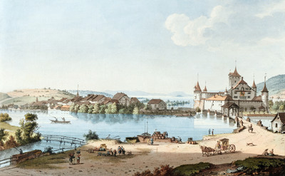 Nidau, la Zihl et lac de Bienne par Johann Ludwig Aberli Nidau, la Zihl et lac de Bienne par Johann Ludwig Aberli