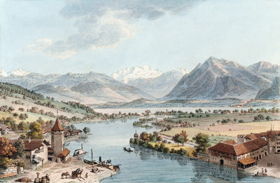 Thoune, vue vers le lac et les Alpes (Blümlisalp) par Johann Ludwig Aberli Thoune, vue vers le lac et les Alpes (Blümlisalp) par Johann Ludwig Aberli