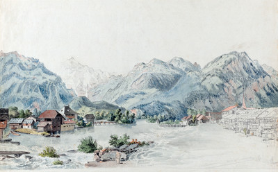 Unterseen, l'Aar et la Jungfrau par Johann Ludwig Aberli Unterseen, l'Aar et la Jungfrau par Johann Ludwig Aberli