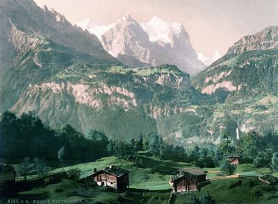Wetterhorn vu de Hasliberg, en 1900 par Photoglob N°0000006165. Au fond, l'Eiger. 
