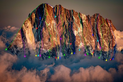 Voies principales de la face N des Grandes Jorasses