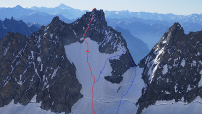 Pointe de la Grande Sagne, versant NW : Arête W en bleu et Couloir NW en rouge