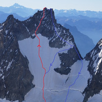 Pointe de la Grande Sagne, versant NW : Arête W en bleu et Couloir NW en rouge
