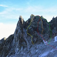 Yellow: descend. Red: West Face. Orange: Pilier SW. Green: Traversée