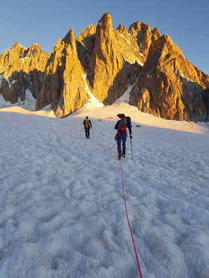 approaching the towers in the rising sun