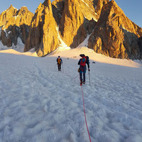 approaching the towers in the rising sun