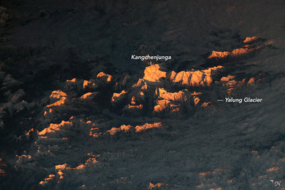  Kangchenjunga and surrounding peaks at sunset from ISS, 2019 