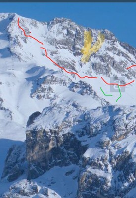 Rouge : départ du couloir depuis le haut du télésiège 🚡 et montée au col :jaune couloirs : vert descente vers champagny le haut par la velliere Rouge : départ du couloir depuis le haut du télésiège 🚡 et montée au col :jaune couloirs : vert descente vers champagny le haut par la velliere
