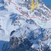 Rouge : départ du couloir depuis le haut du télésiège 🚡 et montée au col  :jaune couloirs : vert descente vers champagny le haut par la velliere 