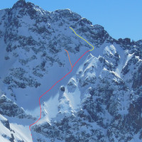 Grande écharpe NW (en rouge jusqu'au col, en orange variante raide, en jaune écharpe supérieure