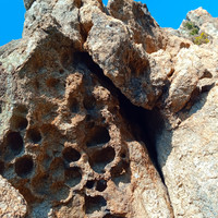 Des taffonis ! une roche sculptée de lunules, trous et croissants de lune