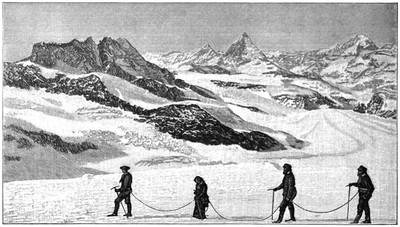 Mont Rose 1882 : Breithorn, Dent d'Hérens, Cervin, Dent Blanche. Encordés: Michel Savioz - Mrs Lizzie Le Blond - Auguste Cupelin - Edouard Cupelin Mont Rose 1882 : Breithorn, Dent d'Hérens, Cervin, Dent Blanche. Encordés: Michel Savioz - Mrs Lizzie Le Blond - Auguste Cupelin - Edouard Cupelin