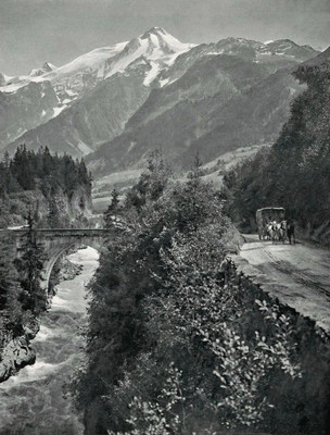 Pont Ste Marie, la diligence Chamouni-Genève et, en haut, l'Aiguille du Goûter, par Braun Pont Ste Marie, la diligence Chamouni-Genève et, en haut, l'Aiguille du Goûter, par Braun