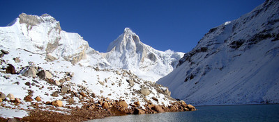 Thalay Sagar from Kedar valley. North face facing directly at the camera. NE ridge is the ridge on the left (not skyline) and West ridge forms the rig