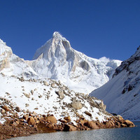 Thalay Sagar from Kedar valley. North face facing directly at the camera. NE ridge is the ridge on the left (not skyline) and West ridge forms the rig
