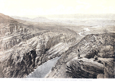 Entrée du canyon de Lodore, photo T.H. O Sullivan, litho Julius Bien