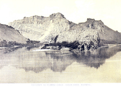 Entrée de Flaming Gorge, Green river, photo T.H. O Sullivan, litho Julius Bien