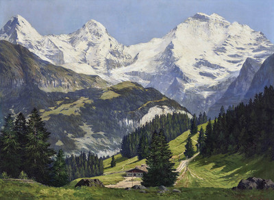 Eiger, Mönch, Jungfrau vus du chemin de fer de Mürren par Edward Theodore Compton Eiger, Mönch, Jungfrau vus du chemin de fer de Mürren par Edward Theodore Compton